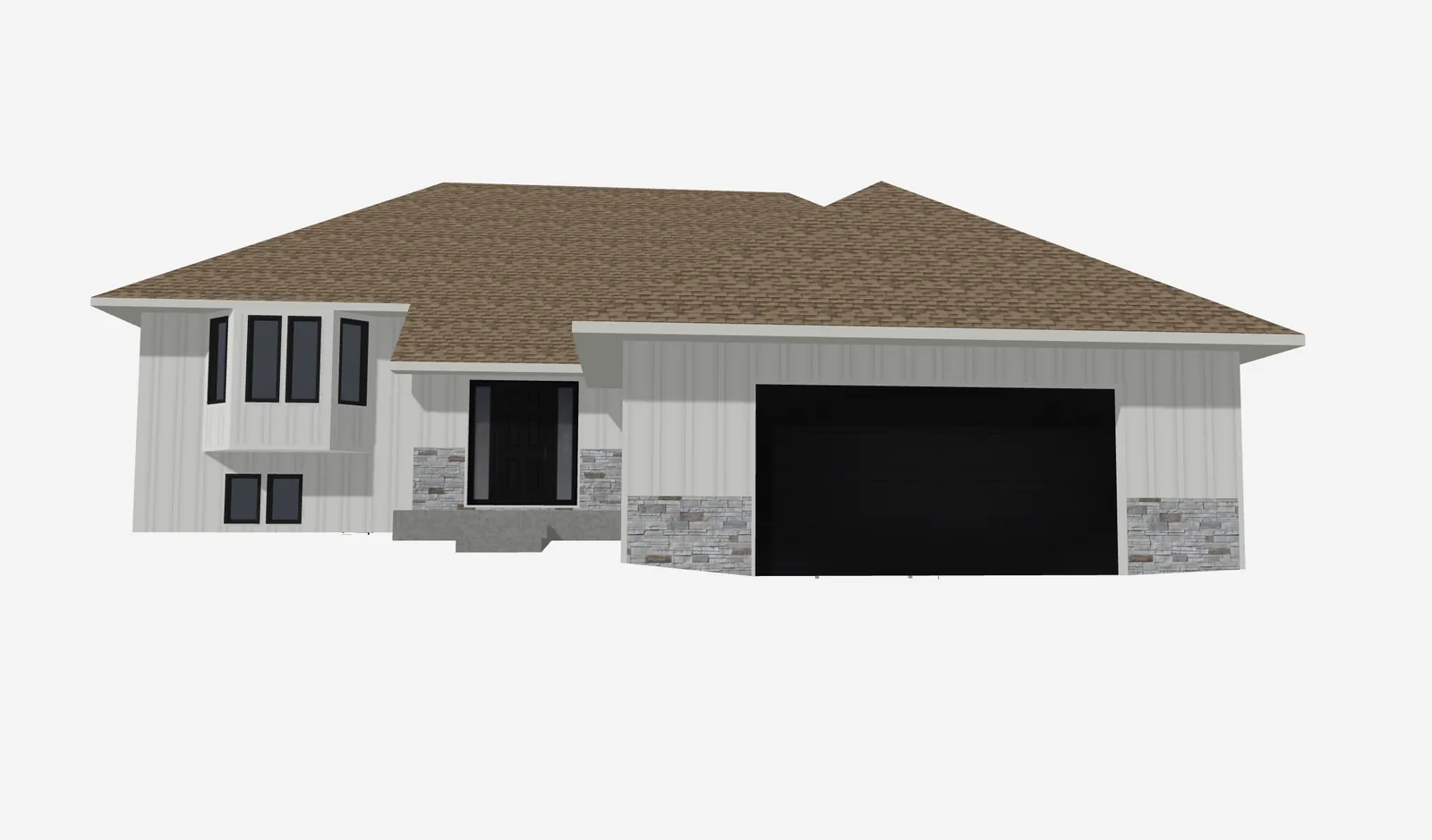 3D rendering of the same home in white board-and-batten with stone accents and black garage door