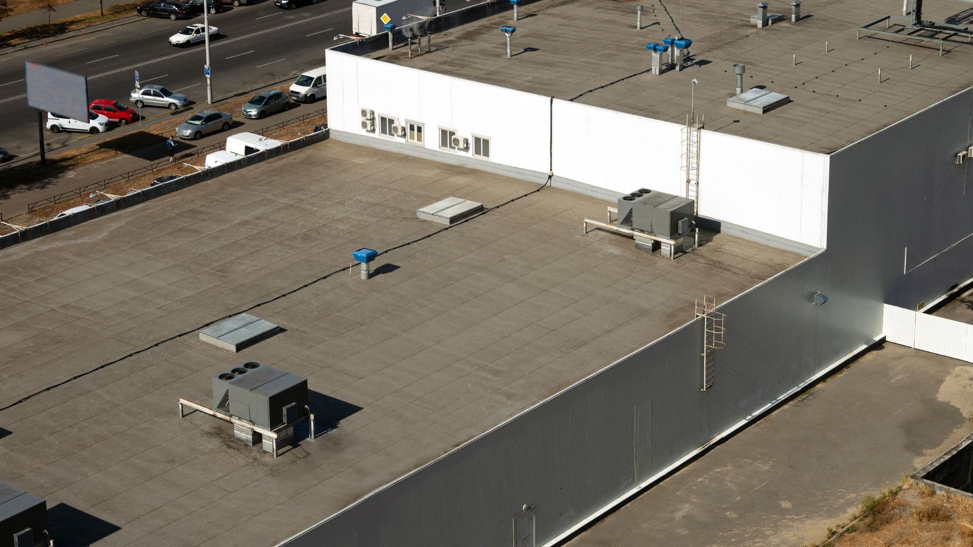 Mature commercial membrane roof on a Twin Cities building