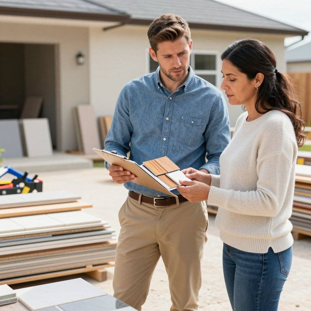 Modex consultation reviewing roofing and siding material samples